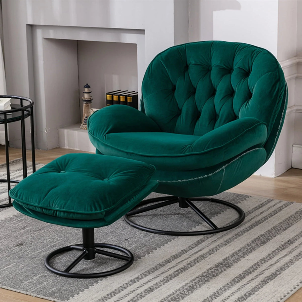 Velvet Swivel Accent Chair with Ottoman Set, Modern Lounge Chair with Footrest and Metal Base Comfy Armchair with 360 Degree Swiveling Single Sofa